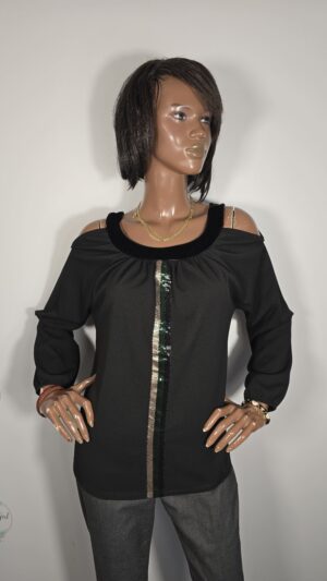Blusa taglia unica spalle scoperte decorata con paillette